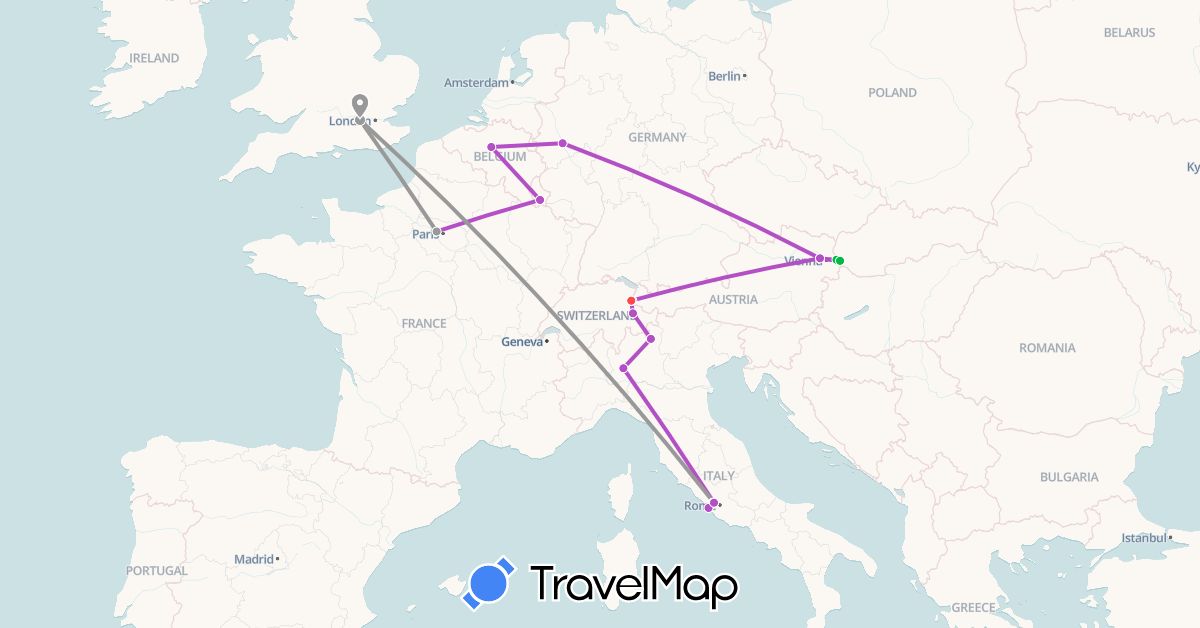 TravelMap itinerary: driving, bus, plane, train, hiking in Austria, Belgium, Switzerland, Germany, France, United Kingdom, Italy, Liechtenstein, Luxembourg, Slovakia, Vatican City (Europe)